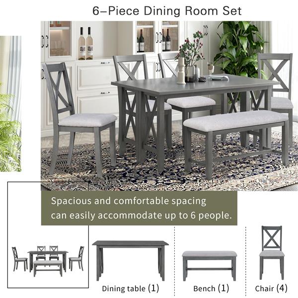 6-Piece Family Dining Room Set Solid Wood Space Saving Foldable Table and 4 Chairs with Bench for Dining Room (Gray)