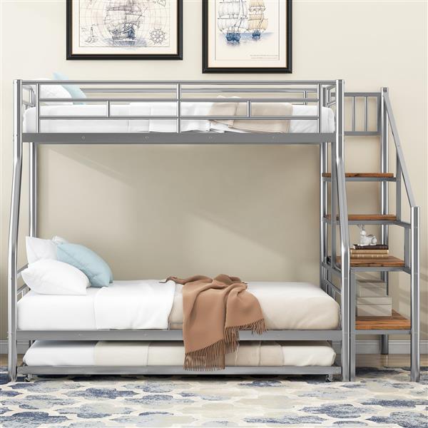 Twin over Full Size Metal Bunk Bed with Trundle and Storage Staircase, Silver