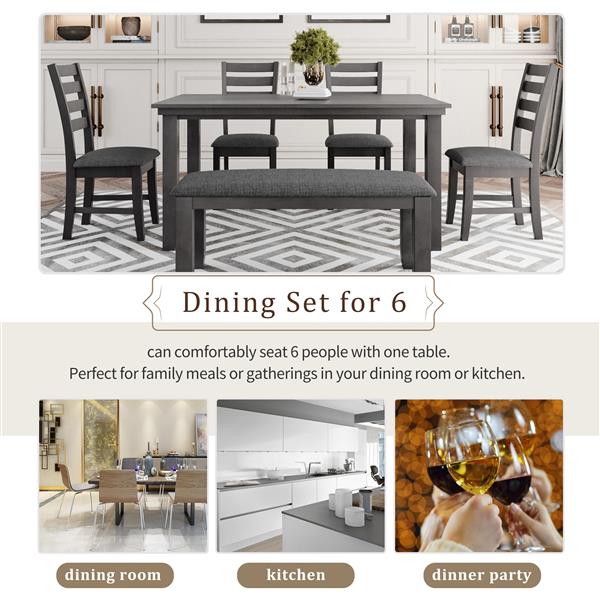 Dining Room Table and Chairs with Bench, Rustic Wood Dining Set, Set of 6 (Gray)