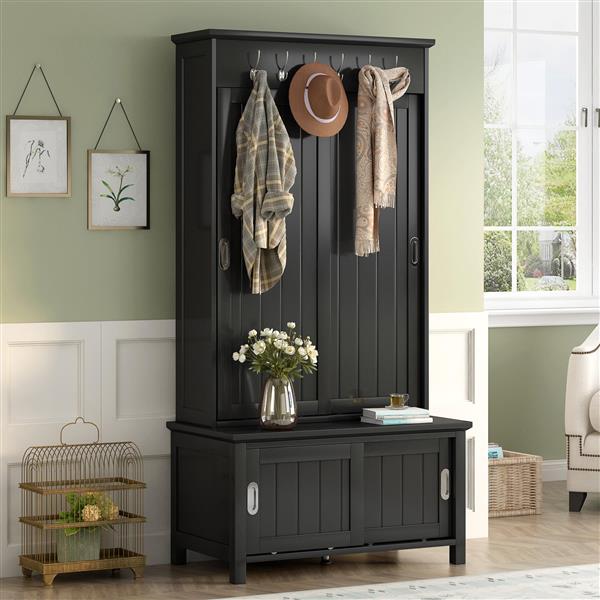 Multifunctional Hall Tree with Sliding Doors, Wooden Hallway Shoe Cabinet with Storage Bench and Shelves, Mudroom Coat Storage with Hanging Hooks for Entryways, Black