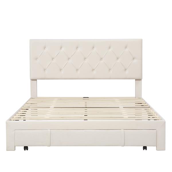 Queen Size Storage Bed Velvet Upholstered Platform Bed with a Big Drawer - Beige