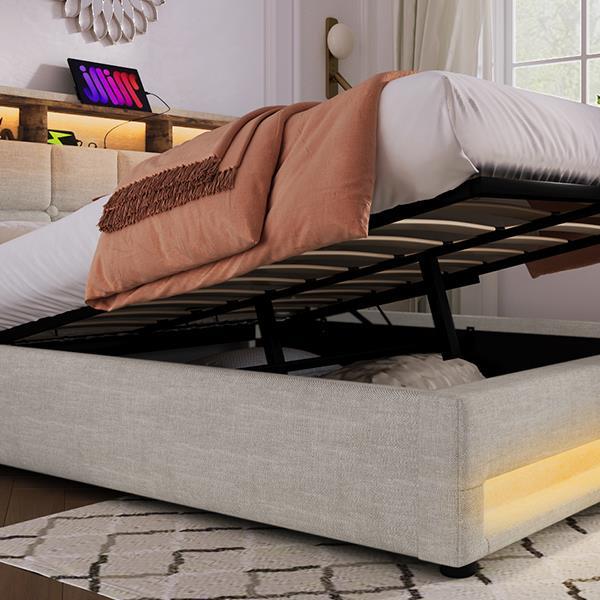 Queen size Upholstered Platform bed with a Hydraulic Storage System, LED and USB Charging, Natural (without mattress)