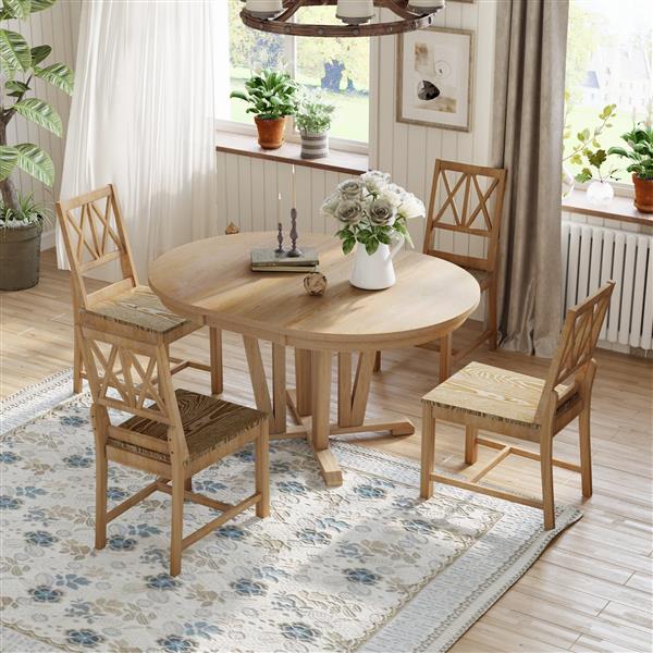 Rustic 5-Piece Extendable Dining Table Set Round Trestle Table and 4 Cross Back Dining Chairs for Kitchen, Dining Room, Natural