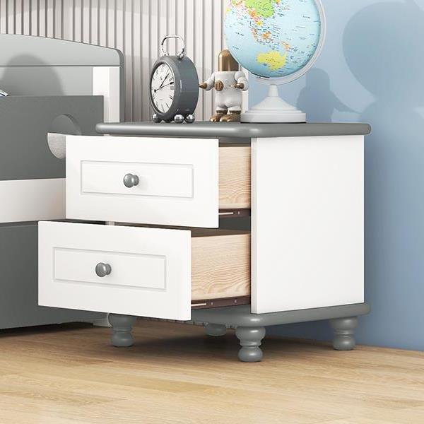 Wooden Nightstand with Two Drawers for Kids,End Table for Bedroom,White+Gray