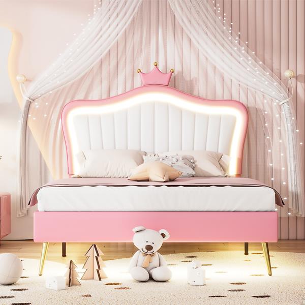 Full Size Upholstered Bed Frame with LED Lights,Modern Upholstered Princess Bed With Crown Headboard,White+Pink