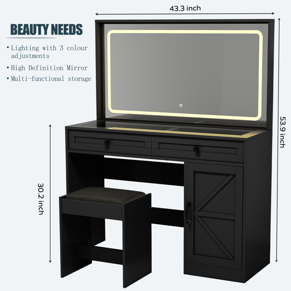 43.3"Makeup Vanity Table, Makeup Table with Large Mirror and LED Light Strip, Brightness Adjustable, Dressing Table Desk with 3 Drawers, Vanity Desk for Women(Black with Stool) 