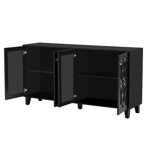 Buffet Cabinet with Adjustable Shelves, 4-Door Mirror Hollow-Carved TV stand for TVs Up to 70'', Multi-functional Console Table with Storage Credenza Cabinet for Living Room, Black