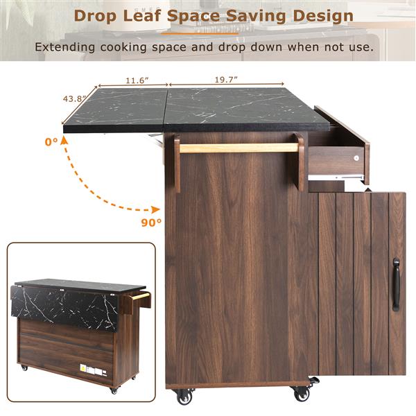 Kitchen Island with Trash Can Storage Cabinet, Kitchen Cart with Drop Leaf, Spice Rack, Towel Rack and Drawer, Rolling Kitchen Island on Wheels with Adjustable Shelf, Walnut Brown