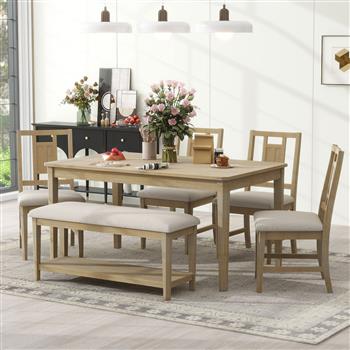 6-piece Retro Dining Set, Minimalist Dining Table and 4 upholstered chairs & 1 bench with a shelf for Dining Room(Natural Wood Wash)