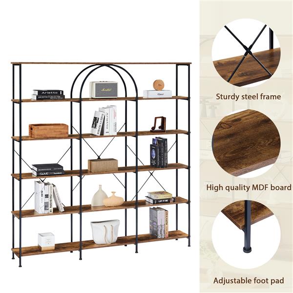 6 Tier Bookcase Home Office Open Bookshelf, Vintage Industrial Style Shelf with Metal Frame, MDF Board, Brown