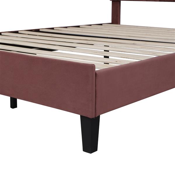 Full Size Upholstered Platform Bed with Flower Pattern Velvet Headboard, Bean Paste Red