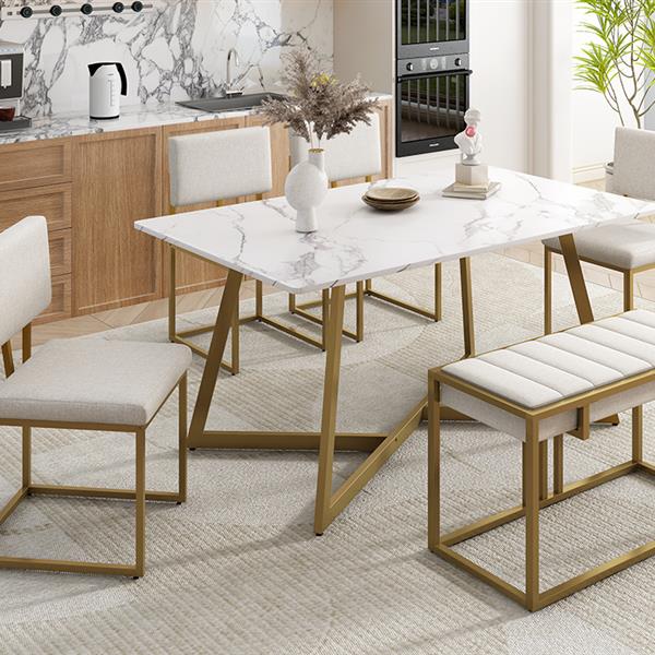 Modern Faux Marble 6-Piece Dining Table Set,60inch Metal Kitchen Table Set with Upholstered Dining Chairs and Bench, Golden