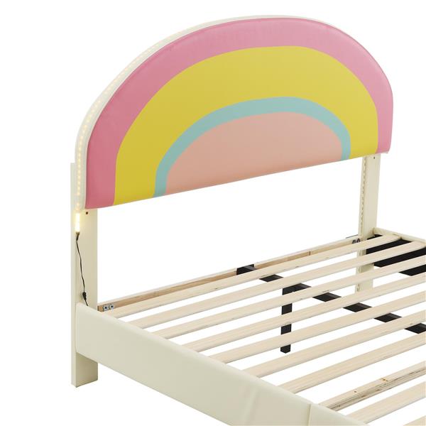 Full Size Upholstered Platform Bed with Rainbow Shaped and Height-adjustbale Headboard,LED Light Strips,Beige