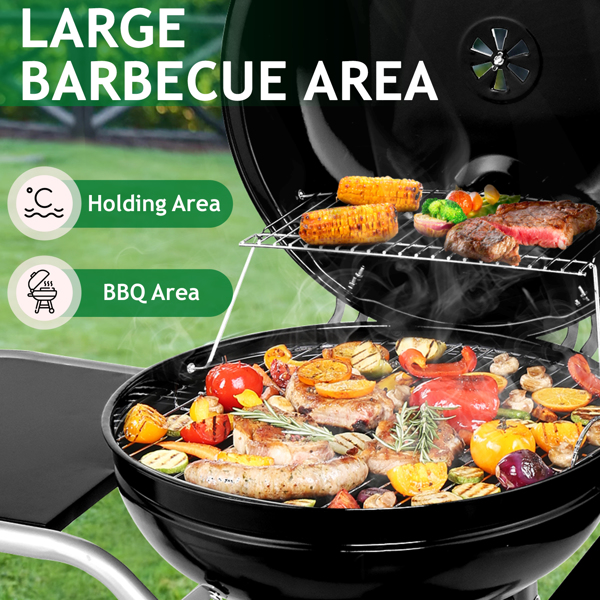 Kettle Charcoal Grill with 2 Side Tables, Storage Shelf, Upgraded Ash Catcher, Thermometer, Air Vents, Outdoor Cooking Barbecue Grill with Wheels