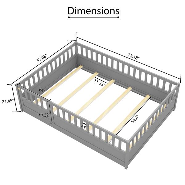 Full size  Floor bed, integral construction with super high security barrier, door, children's floor bed frame, Montessori wooden children's floor bed, Support slat Grey