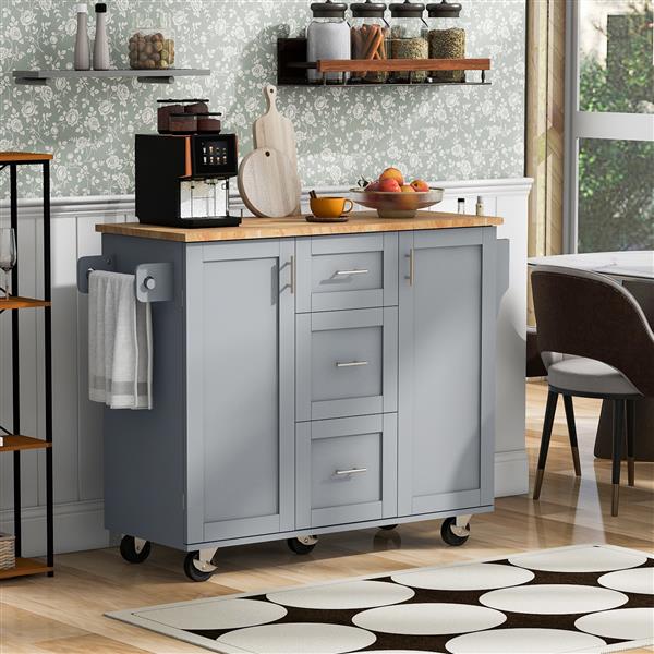 Rolling Kitchen Island with Storage, Kitchen Cart with Rubber Wood Top, 3 Drawer, 2 Slide-Out Shelf and Internal Storage Rack, Kitchen Island on Wheels with Spice Rack & Tower Rack, Grey Blue