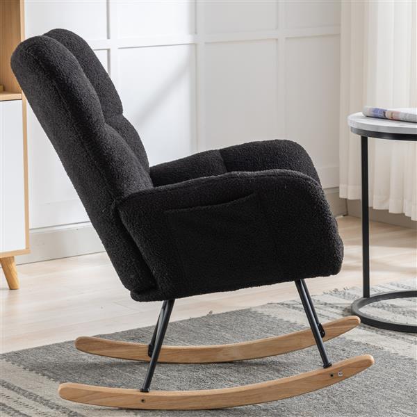 Rocking Chair with Pocket, Soft Teddy Fabric Rocking Chair for Nursery, Comfy Wingback Glider Rocker with Safe Solid Wood Base for Living Room Bedroom Balcony (black)