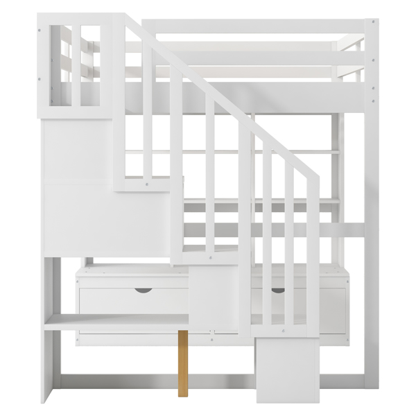 Full Size Loft Bed with Desk and Shelves, Two Built-in Drawers, Storage Staircase, White 