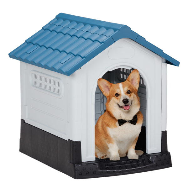 26 inch Plastic Dog House, Indoor Outdoor Doghouse Pet House with Air Vents and Elevated Floor, Insulated Water Resistant Puppy Shelter Kennel for Small Dogs, Blue & White