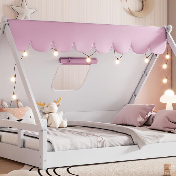 Wooden Full Size Tent Bed with Fabric for Kids,Platform Bed with Fence and Roof, White+Pink