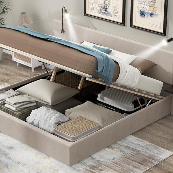 Queen Size Storage Upholstered Hydraulic Platform Bed with 2 Shelves, 2 Lights and USB, Beige