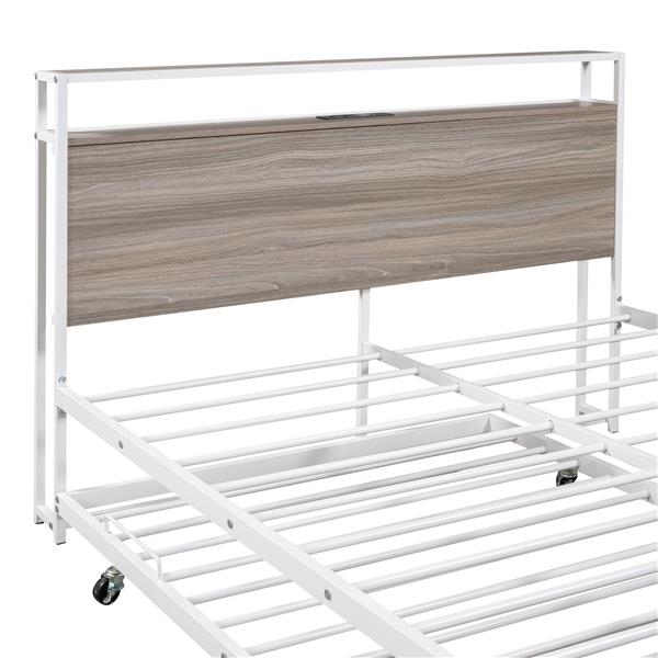 Full Size Metal Platform Bed Frame with Trundle, USB Ports and Slat Support ,No Box Spring Needed White