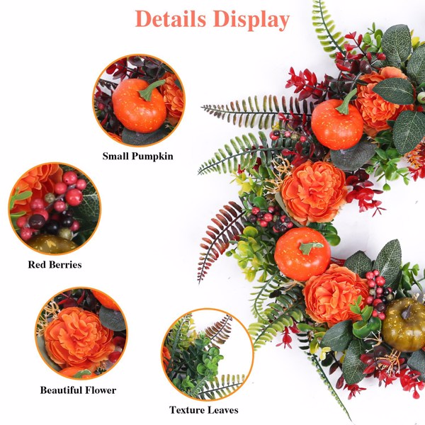 17.71" Autumn Wreath with Pumpkin Mixed Leaves Berries Flowers Fall Decoration for Indoor Outdoor Window Wall Front Door in Halloween Thanks Giving Day