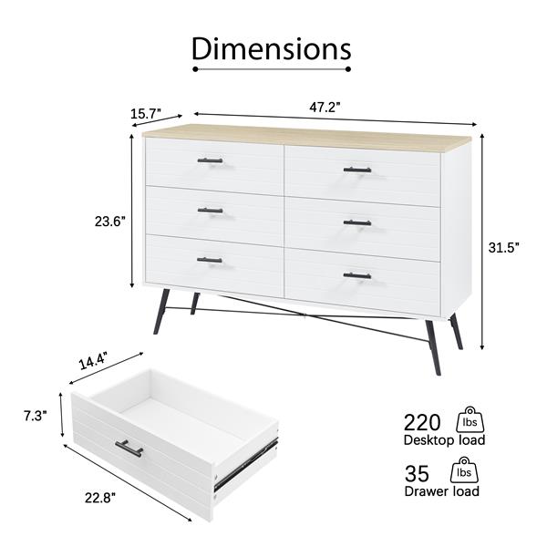 6 Drawer Dresser for Bedroom with Deep Drawers, Wood Dressers & Chest of Drawers, Modern White Long Dressers for Closet Living Room, 47.2"W x 15.7"D x 31.5"H, White & oak