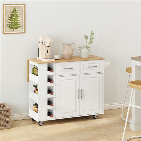 Multi-Functional Kitchen Island Cart with 2 Door Cabinet and Two Drawers,Spice Rack, Towel Holder, Wine Rack, and Foldable Rubberwood Table Top (White)