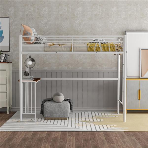 Twin Metal Loft Bed with Desk, Ladder and Guardrails, Loft Bed for Bedroom, White