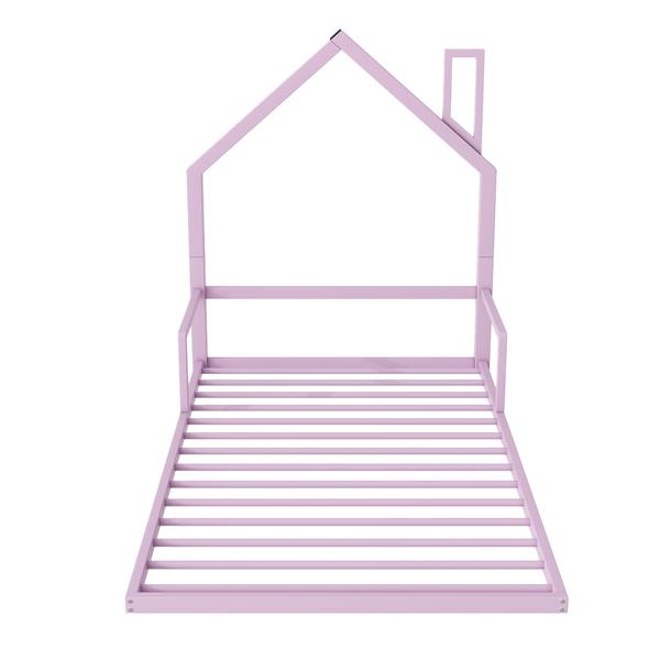 Twin Size Metal Floor Bed with House-shaped Headboard, Pink