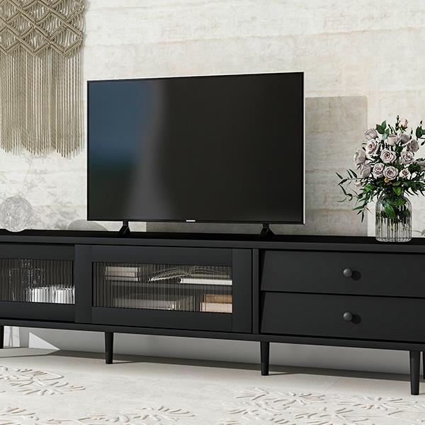 Chic Elegant Design TV Stand with Sliding Fluted Glass Doors, Slanted Drawers Media Console for TVs Up to 75", Modern TV Cabinet with Ample Storage Space, Black