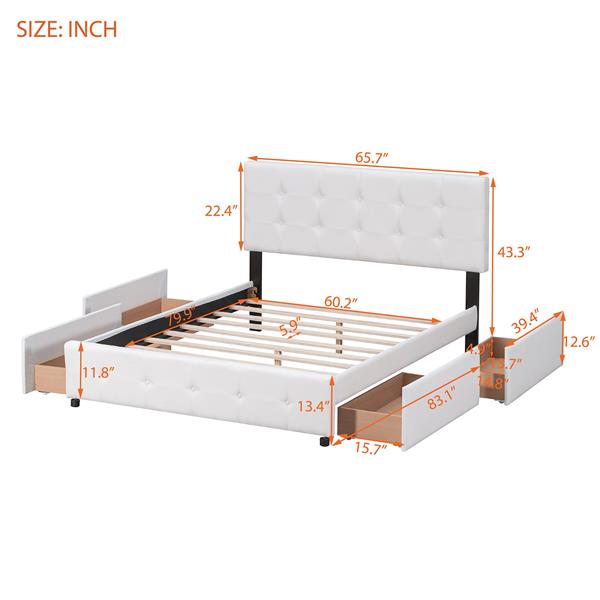 Upholstered Platform Bed with Classic Headboard and 4 Drawers, No Box Spring Needed, Linen Fabric, Queen Size White