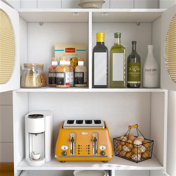 Storage Cabinet with Rattan Doors, Tall  Hutch Cabinet with Power Outlet,4 cabinet door and 4 Drawers& 1 Large Countertop, Buffet Drawer Cabinet door design