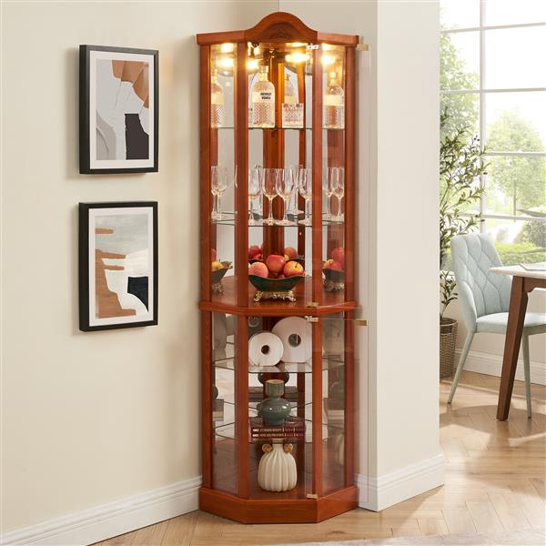 Glass Cabinet Lighted Corner Cabinet Corner Display Curio Cabinet, Glass Display With Light(Included)Bar Cabinet,Wine Cabinet with Adjustable Glass Shelves Carved Decoration OAK Light(Included)