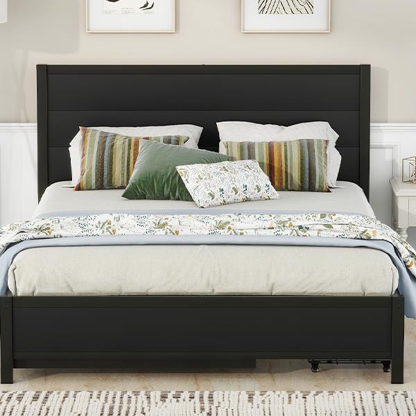 Metal Queen Size Storage Platform Bed with Twin Size Trundle and 2 Drawers, Black