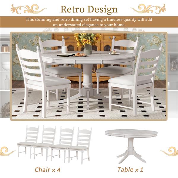 5-Piece Retro Functional Dining Table Set Wood Round Extendable Dining Table and 4 Upholstered Dining Chairs (Antique White)