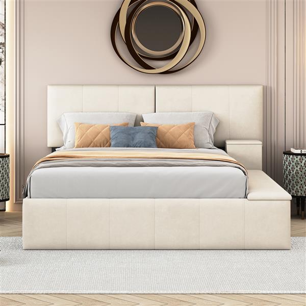 Queen Size Upholstered Platform Bed with Lateral Storage Compartments and Thick Fabric, Velvet, Beige