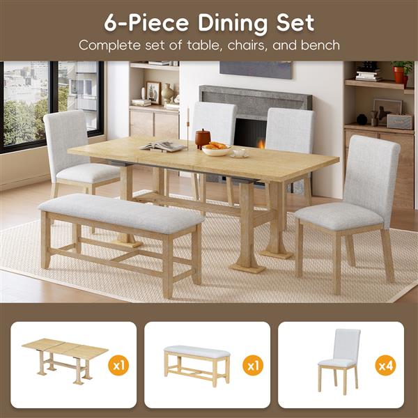 Farmhouse 76inch 6-Piece Extendable Dining Table Set Trestle Kitchen Table Set with 18inch Removable Leaf and Upholstered Dining Chair and Bench for Dining Room, Natural