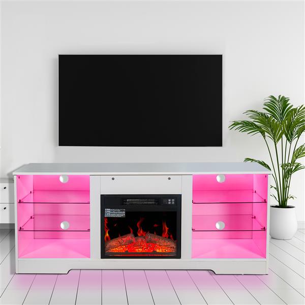 Fireplace TV Stand With 18 Inch Electric Fireplace Heater,Modern Entertainment Center for TVs up to 62 Inch With Adjustable Glass Shelves and Storage Cabinets  ( White )