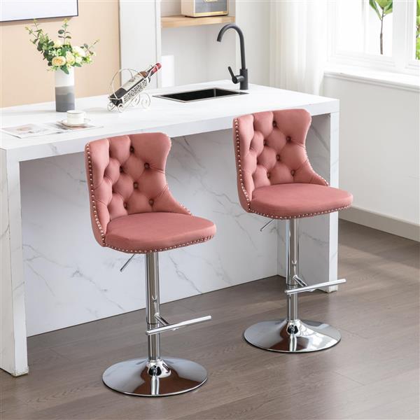 Swivel Velvet Barstools Adjusatble Seat Height from 25-33 Inch, Modern Upholstered Chrome base Bar Stools with Backs Comfortable Tufted for Home Pub and Kitchen Island, Pink,Set of 2,1712PK