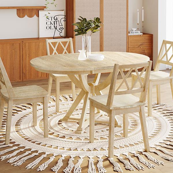 Mid-Century 5-Piece Extendable Round Dining Table Set with 15.7" Removable Leaf and 4 Cross Back Dining Chairs, Natural