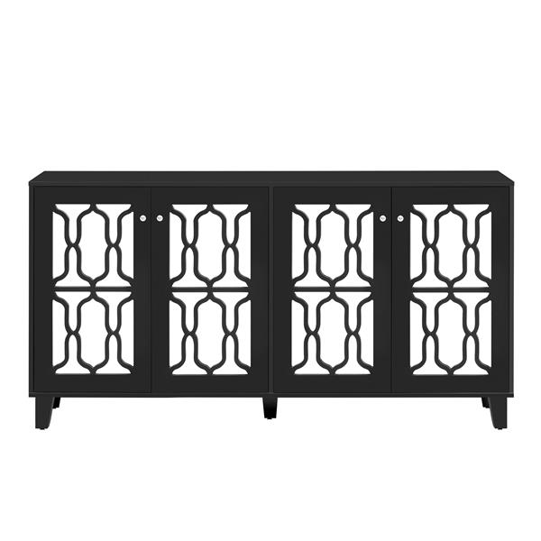 Buffet Cabinet with Adjustable Shelves, 4-Door Mirror Hollow-Carved TV stand for TVs Up to 70'', Multi-functional Console Table with Storage Credenza Cabinet for Living Room, Black