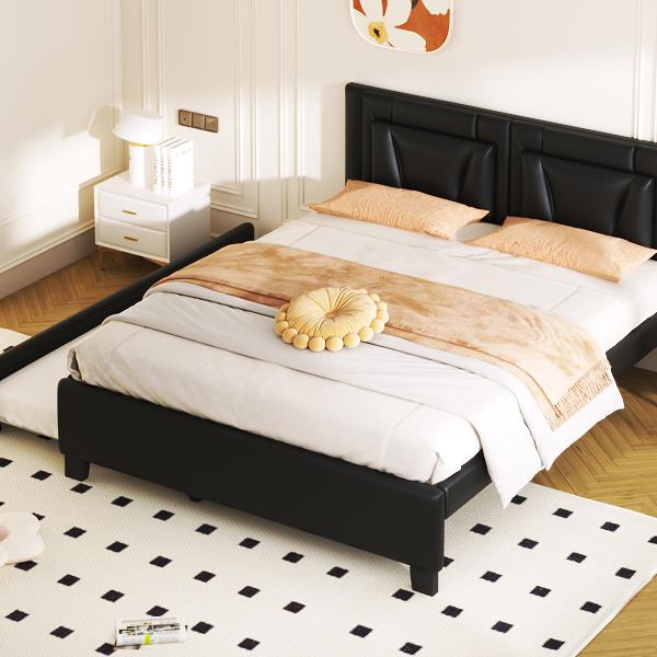 Queen Size Upholstered Platform Bed with Headboard and Twin Size Trundle, Black