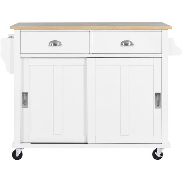 Kitchen Cart with Rubber wood Drop-Leaf Countertop, Concealed sliding barn door adjustable height,Kitchen Island on 4 Wheels with Storage Cabinet and 2 Drawers,L52.2xW30.5xH36.6 inch, White