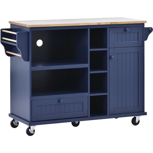 Kitchen Island Cart with Storage Cabinet and Two Locking Wheels,Solid wood desktop,Microwave cabinet,Floor Standing Buffet Server Sideboard for Kitchen Room,Dining Room,, Bathroom(Dark blue)