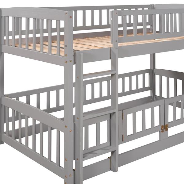 Bunk Bed with Slide,Twin Over Twin Low Bunk Bed with Fence and Ladder for Toddler Kids Teens Grey