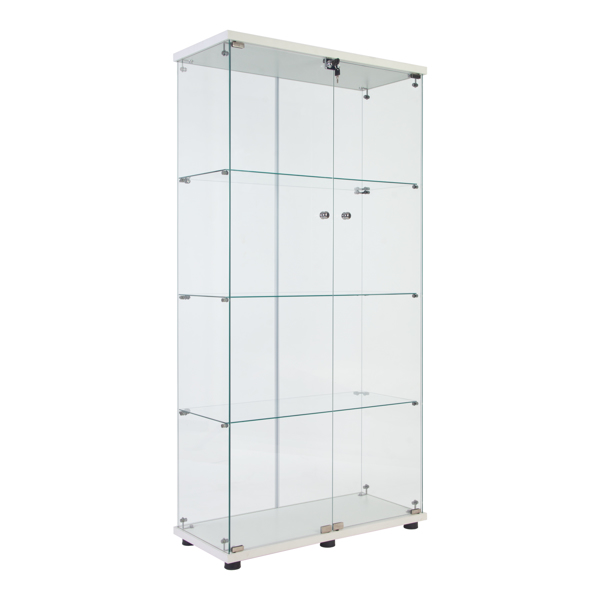 Lighted Two Door Glass Cabinet Glass Display Cabinet with 4 Shelves, White 