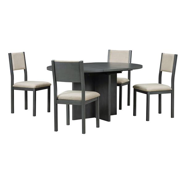 5-Piece Retro Functional Dining Set, 1 Extendable Table with a 16-inch Leaf and 4 Upholstered Chairs for Dining Room and Kitchen (Gray)