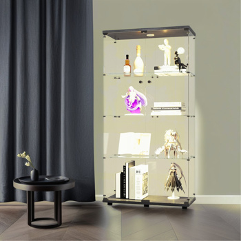 Lighted Two Door Glass Cabinet Glass Display Cabinet with 4 Shelves, Black 